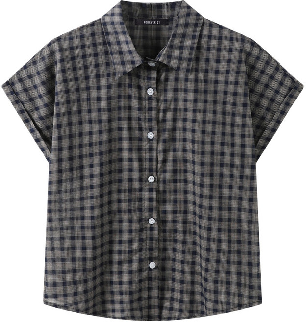 FOREVER 21 女款復古格紋反摺袖短袖襯衫 FTDBBL013