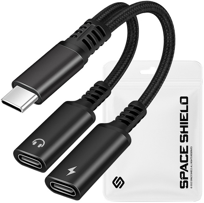 SPACE SHIELD Twin Link 60W USB-C 音訊 PD 充電分配 Y型 AUX 音源線, 黑色, 1個, USB-C AUX + PD