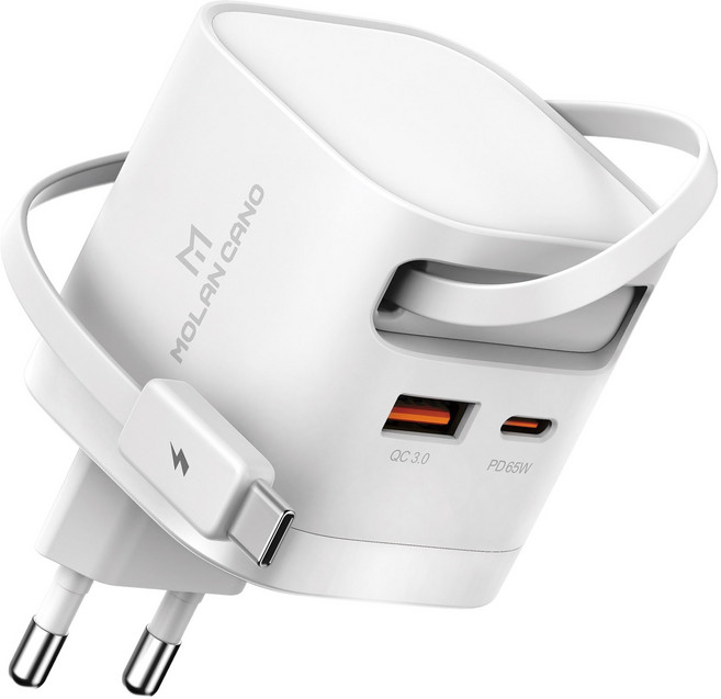 MOLAN CANO 65W GaN PPS 捲線式 C型 3埠 超高速充電器, 白色, 1個