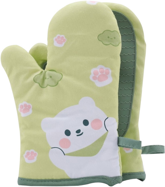 Kitchora 2件組 厚質矽膠 耐高溫 防燙 防滑 隔護手套 廚房烤箱微波爐 綠色大白熊 1套