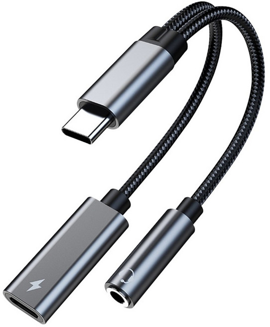 AERIVO 2合1音頻充電轉接線 60W快充 + 3.5mm耳機, 灰色, 1個, 15cm