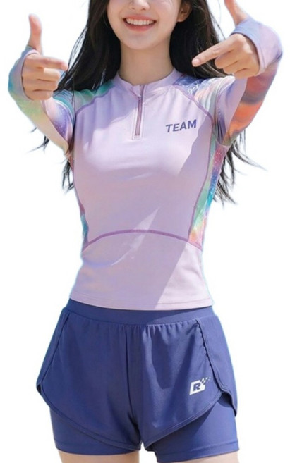 YUKE 泳衣女分體長袖防曬泳衣泳褲套裝, 青嵐雲海