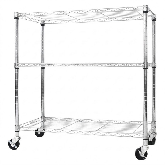yo-life 100%台灣製 3層 91 x 36 x 90cm 鐵力士波浪置物收納架 長鐵架 附工業輪 推車 銀色
