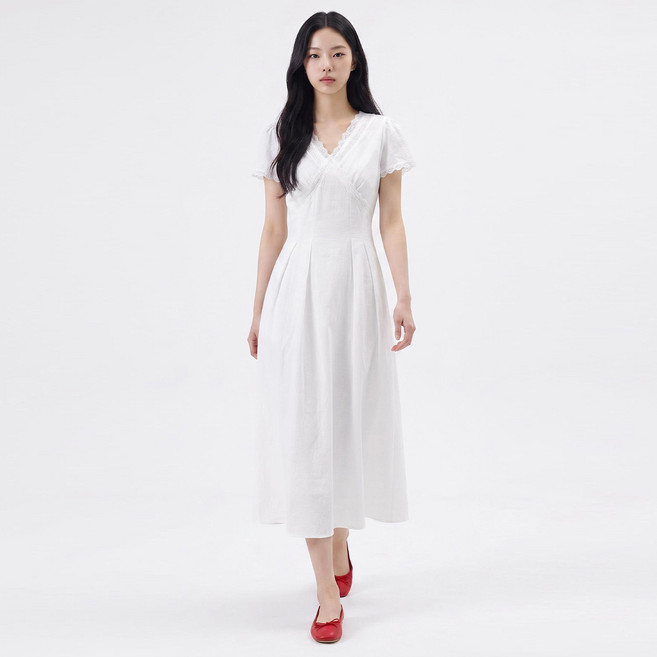 FOREVER 21 蕾絲V領褶飾短袖長洋裝 FTDBOP001, 白色