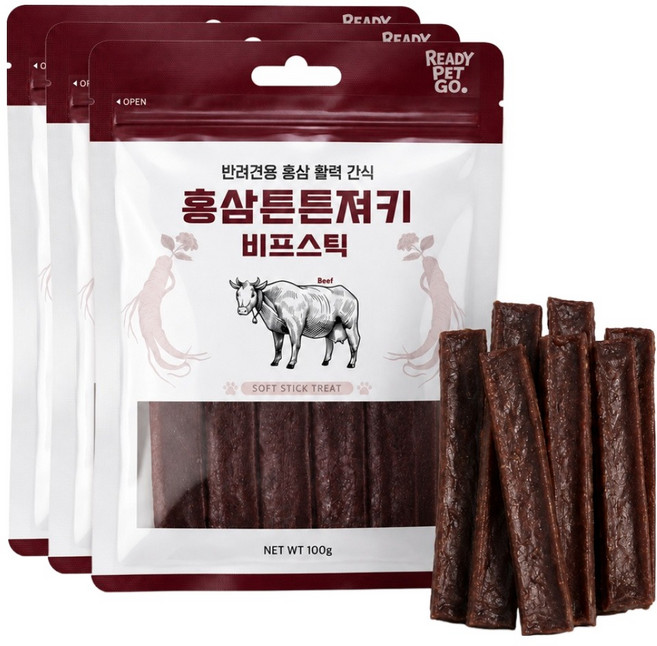 레디펫고 강아지 홍삼튼튼져키 말랑한 육포 간식, 3개, 100g, 소고기