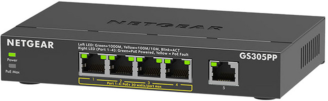 NETGEAR 1埠 Gigabit + 4埠PoE交換器 總PoE瓦數 83W, 1個, GS305PP