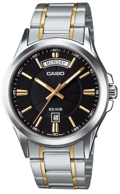 CASIO 卡西歐 扇形雙曆商務運動戶外指針腕錶 MTP-1381G-1AVDF, 銀色 + 黑色 + 金色, 1個