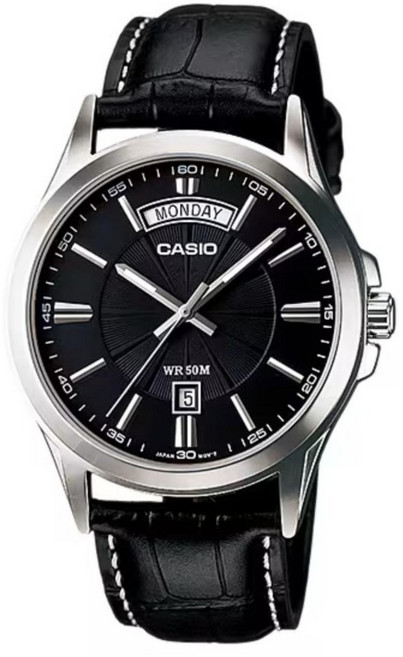 CASIO 卡西歐 扇形雙曆商務運動戶外指針腕錶 MTP-1381L-1AVDF, 黑色 + 銀色, 1個