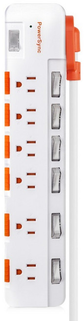PowerSync 群加 防雷防塵大間距延長線 3P 7開 6孔 TR76D945, 白色, 1個, 4.5m