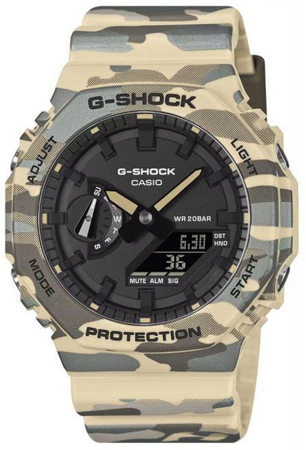 CASIO 卡西歐 G-SHOCK 強悍迷彩八角雙顯系列 運動戶外手錶 GA-2100CM-5ADR, 黑色 + 迷彩白, 1個