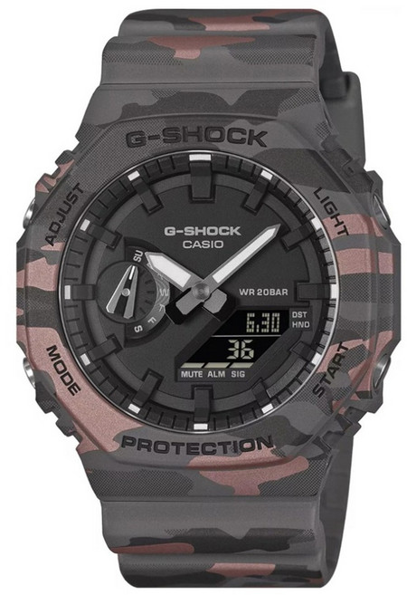 CASIO 卡西歐 G-SHOCK 強悍迷彩八角雙顯系列 運動戶外手錶 GA-2100CM-8ADR, 黑色 + 迷彩灰, 1個