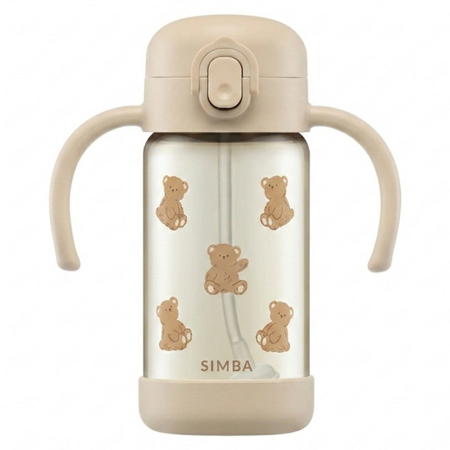 Simba 小獅王辛巴 鉑金PPSU 幼兒園兒童吸管學習水杯 300ml 把手水壺 奶茶色 + 小熊 1個
