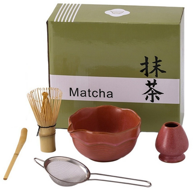 JUST HOME 日式窯變抹茶5件組 M7128, 緋紅色, 1套, 茶碗 + 茶筅 + 茶筅立 + 茶勺 + 粉篩