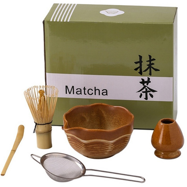 JUST HOME 日式窯變抹茶5件組 M7130, 焙茶棕, 1套, 茶碗 + 茶筅 + 茶筅立 + 茶勺 + 粉篩