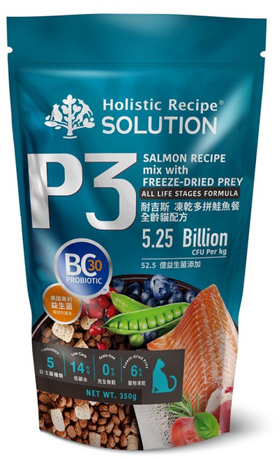 Holistic Recipe SOLUTION 耐吉斯 全齡貓 P3 凍乾多拼 配方乾飼料, 350g, 1個, 鮭魚餐
