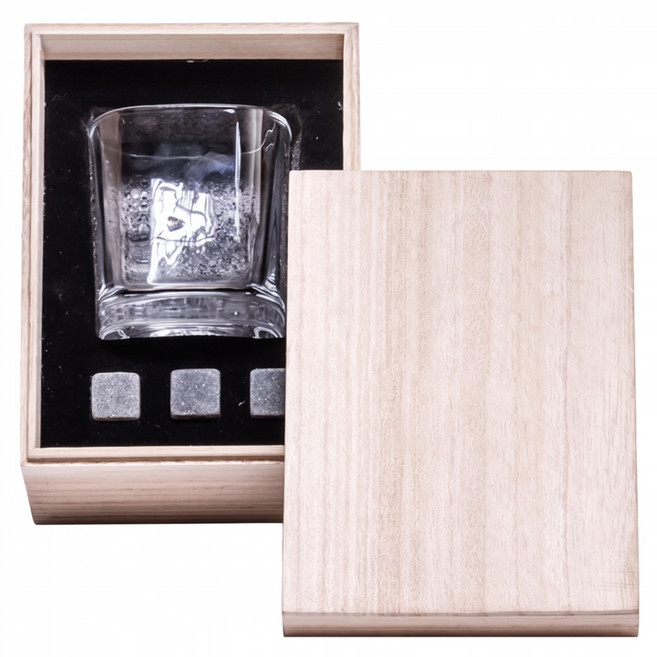 BRAVOMART 威士忌酒杯木盒套組 四方杯 280ml + 冰石 3個, 1套