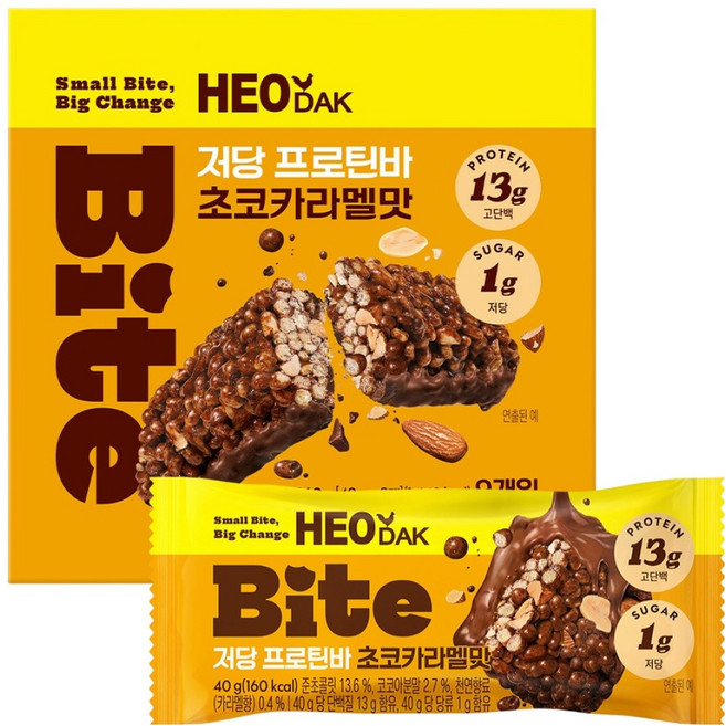 허닭 BITE 저당 프로틴바 초코카라멜맛 9p, 360g, 1개