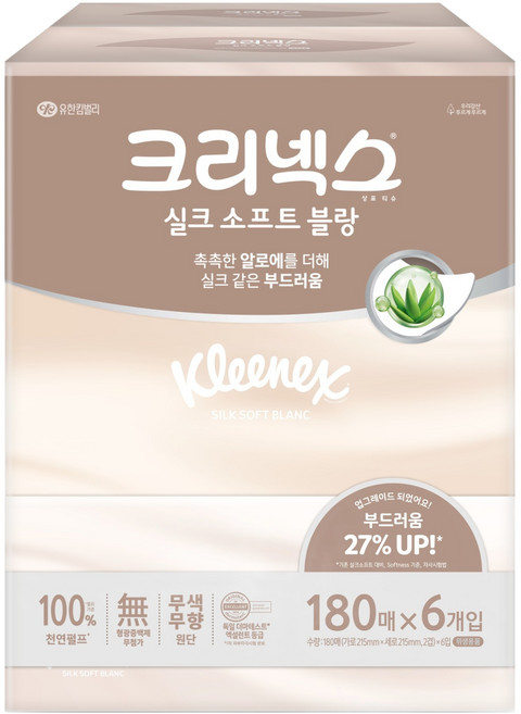 크리넥스 실크소프트 천연펄프 미용티슈 2겹, 180매, 6개
