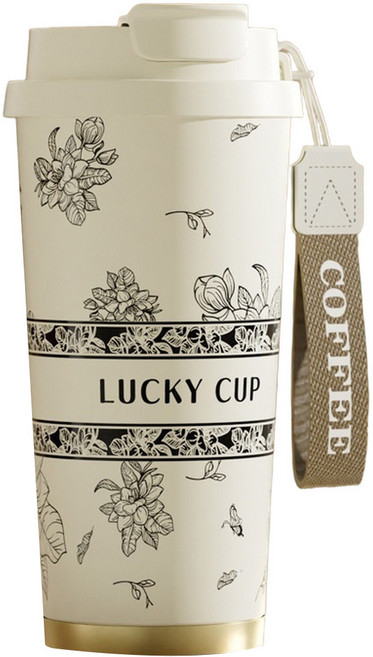 Couselect 陶瓷內膽 316不鏽鋼 保溫咖啡杯 520ml 便攜提繩 吸管直飲 雙層真空 密封防漏 繁花 茶白 1個