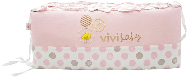 vivibaby 台灣製MIT 嬰兒床護圈 床圍 新生兒護欄 嬰兒床 中小用 加厚 純棉 小鳥點點, 粉色