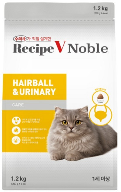 유한양행레시피브이 고양이 노블 기능성 사료, 유리너리+헤어볼, 1.2kg, 1개
