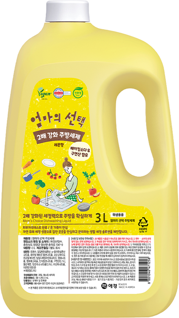 엄마의선택 베이킹소다 & 구연산 함유 레몬향 용기 주방세제, 3L, 1개
