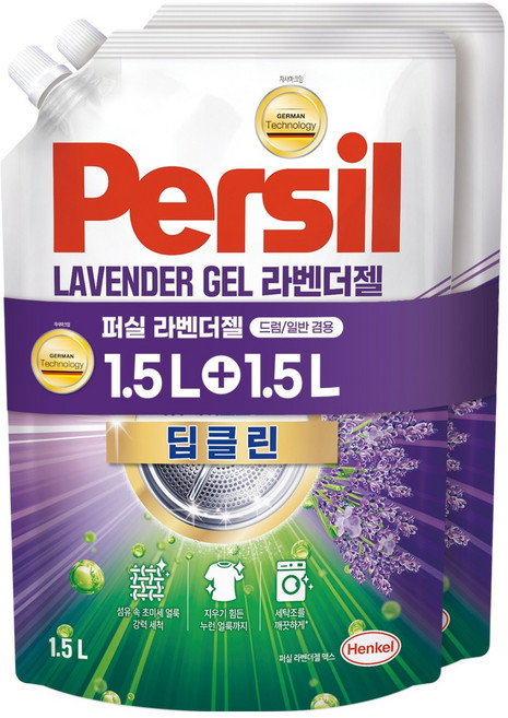 퍼실 딥클린 초미세세탁 라벤더젤 겸용 액체세제 리필, 1.5L, 2개