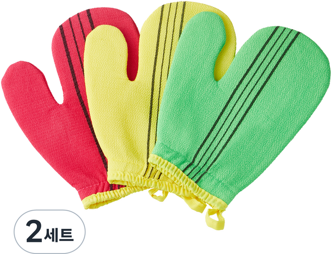 코멧 홈 엄지 목욕 때밀이 장갑 3종 세트, 그린, 엘로우, 레드, 2세트