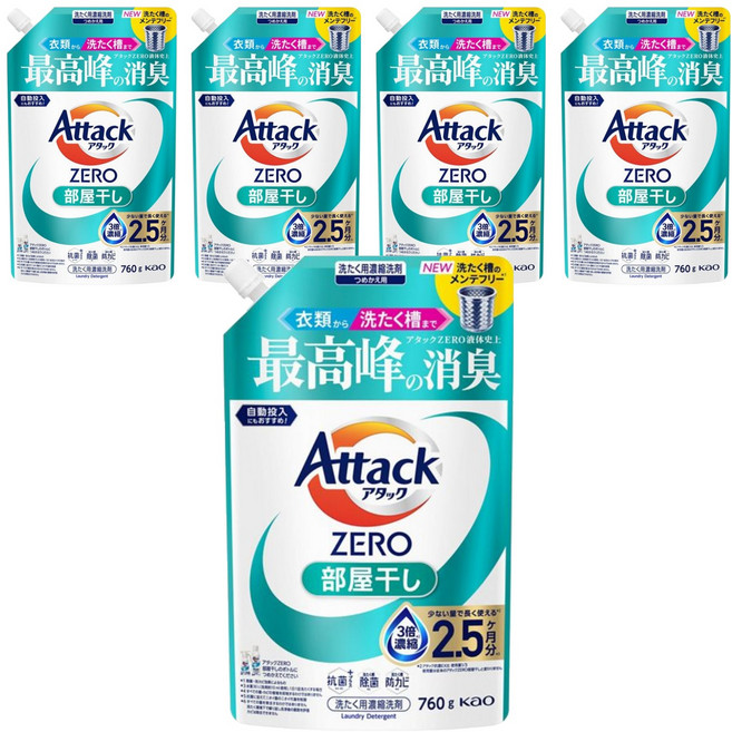 Attack 一匙靈 ZERO 濃縮洗衣精 室內晾衣 補充裝, 760g, 5個