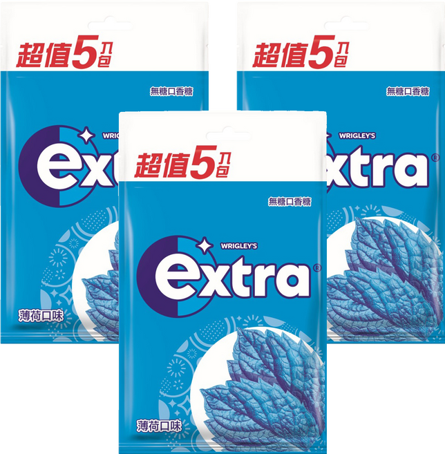 Extra 益齒達 潔淨無糖口香糖 薄荷口味, 140g, 3袋