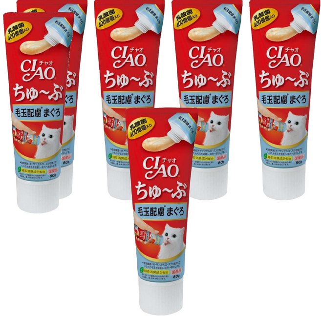 INABA CIAO 啾嚕肉泥膏 鮪魚化毛配方 添加乳酸菌 綠茶除臭成分, 鮪魚口味, 80g, 6條