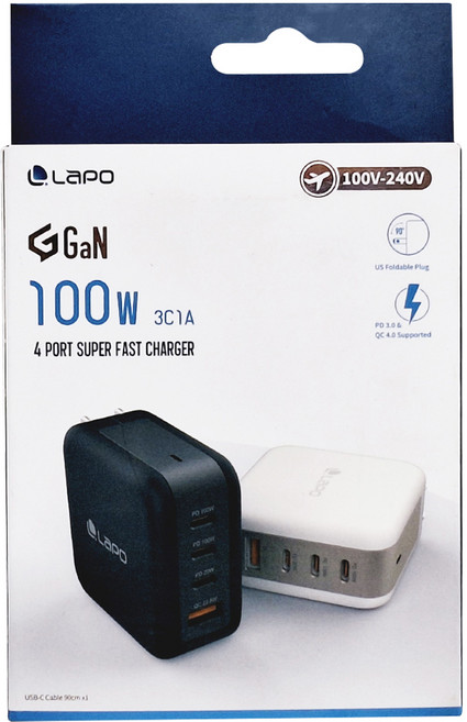 LaPO 氮化鎵4口極速充電器 Lch100 100W 原廠保固, 黑色, 1個