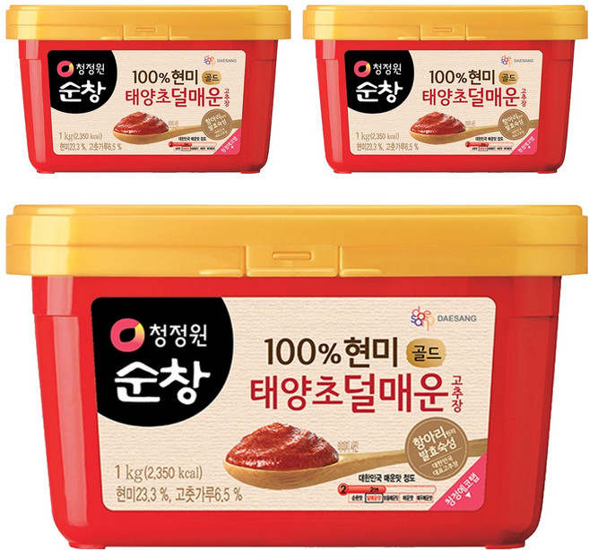 청정원순창 100% 현미 골드 태양초 덜매운 고추장, 1kg, 3개