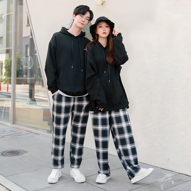 情侶款蜜桃絨格紋褲 居家服外出服