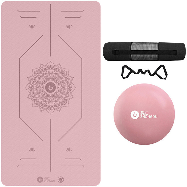 ZHONGOU 長紅 TPE加厚款正位線防滑雙色瑜珈墊 TP68 附綁帶+背袋+拉力繩或拍拍球(顏色款式隨機), 粉色, 1組