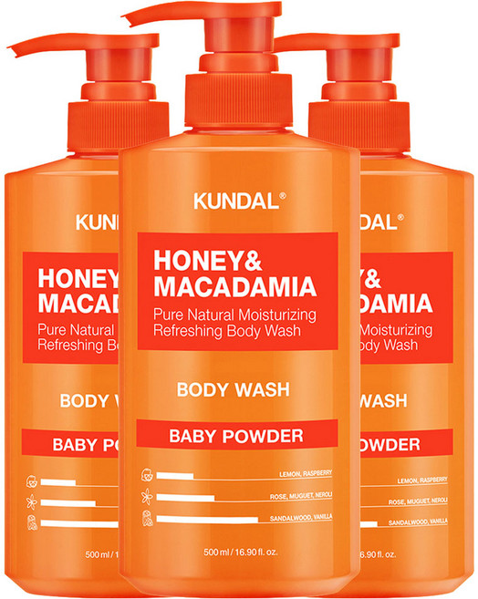 쿤달 허니 앤드 마카다미아 퓨어 바디워시 베이비파우더향, 500ml, 3개
