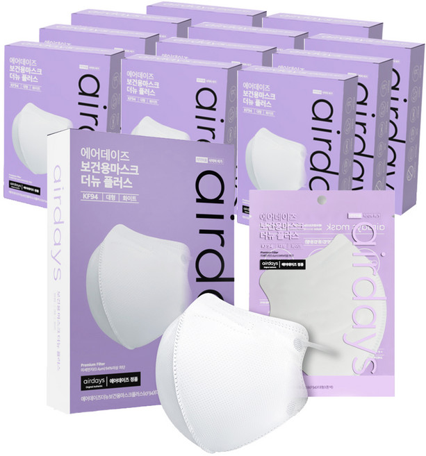 에어데이즈 더 뉴 플러스 보건용 마스크 대형 KF94, 10개입, 12개, 화이트