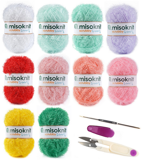 미소털실 미니 에코 수세미실 10볼 + 코바늘 + 쪽가위 뜨개질 DIY 패키지, 1개, 혼합색상