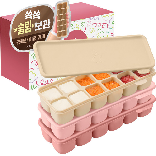 아띠래빗 쏙쏙 실리콘 멀티큐브 12구 이유식냉동용기, 360ml, 아띠핑크 + 아띠로즈 + 푸딩베이지, 3개