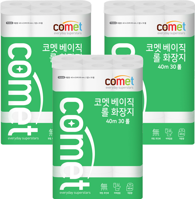 코멧 베이직 2겹 롤화장지 40m, 30개입, 3개