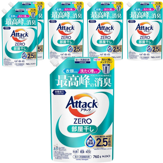 Attack 一匙靈 ZERO 濃縮洗衣精 室內晾衣 補充裝, 760g, 6個