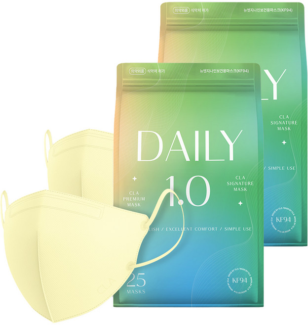CLA 코리아 데일리 보건 컬러 새부리형 마스크 어린이용 KF94, 25개입, 2개, 옐로우