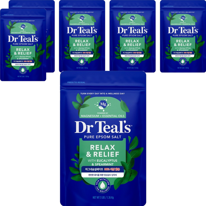 Dr Teal's 純瀉鹽泡澡解決方案 入浴劑 尤加利與綠薄荷, 1.36kg, 6個