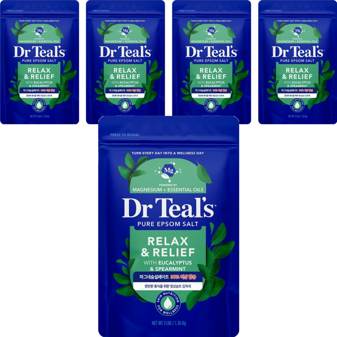Dr Teal's 純瀉鹽泡澡解決方案 入浴劑 尤加利與綠薄荷, 1.36kg, 5個