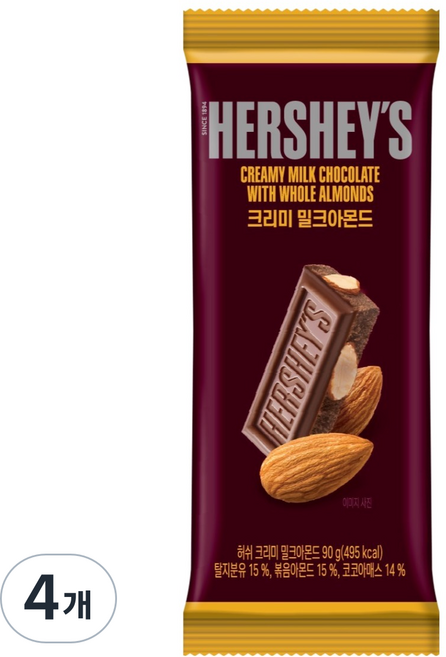 HERSHEY'S 好時 KIsses 香濃牛奶杏仁巧克力大棒, 90g, 4個