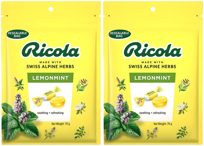 리콜라 스위스 레몬 민트 맛 허브 캔디, 70g, 2개