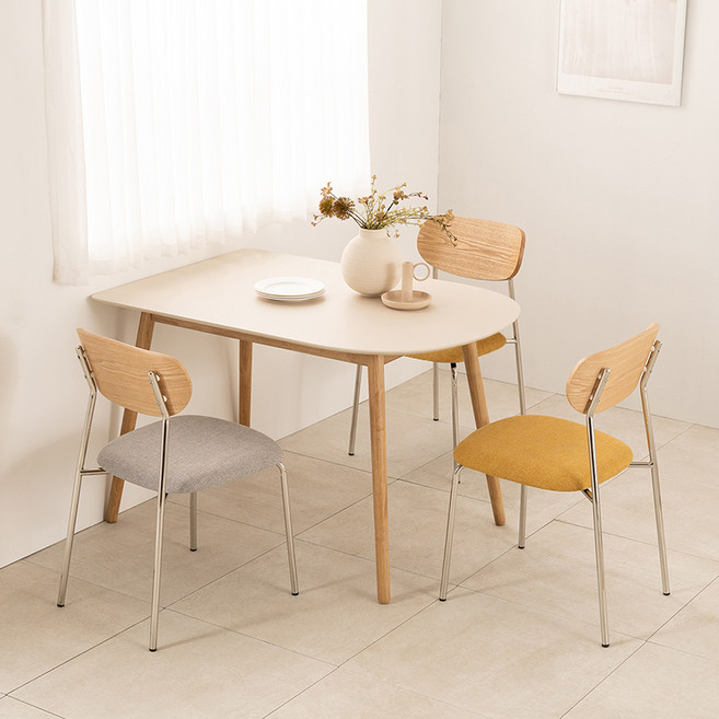 리바트 리네트 반타원 식탁 1200 + 헤이베체어 3p 방문설치, 오션리지그레이샌드(식탁), 샌드 댑 옐로우 패브릭 + 크롬(체어2p), 고스트 샤크 그레이 패브릭 + 크롬(체어)