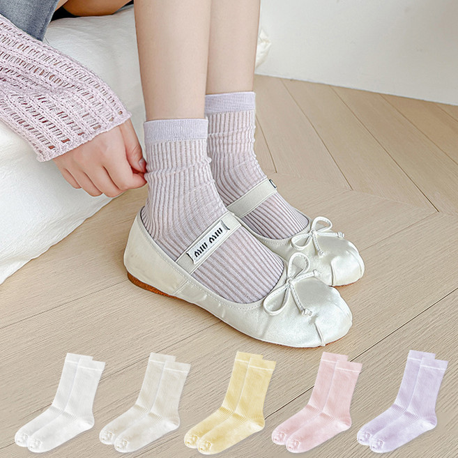 두발로 여성용 국내산 시스루 골지 중목 양말 5켤레 세트