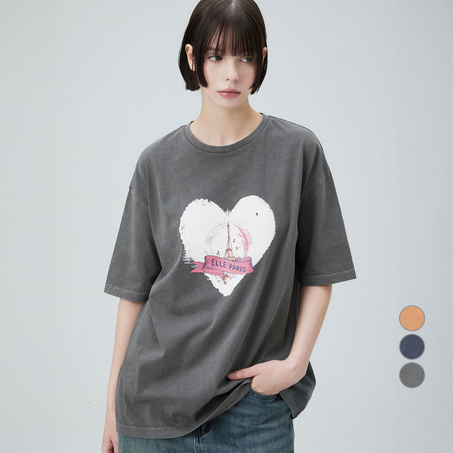 ELLEPARIS 여성용 Vintage Heart 통기성 오버핏 가먼트워싱 반팔 그래픽 티셔츠