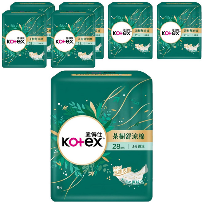 Kotex 靠得住 茶樹舒涼 涼感衛生棉 3分微涼 護翼型, 夜用一般型 28cm, 9片, 7包